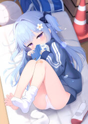 1girl ball bandaid bandaid_on_knee bandaid_on_leg blue_hair blue_jacket book bow cameltoe chinese_commentary commentary_request feet flower full_body gym_storeroom hair_bow hair_flower hair_intakes hair_ornament highres holding holding_book jacket long_hair long_sleeves looking_at_viewer lying mixed-language_commentary no_shoes original panties purple_eyes shoes single_sock socks soles solo track_jacket traffic_cone underwear uwabaki white_flower white_panties white_socks zcx