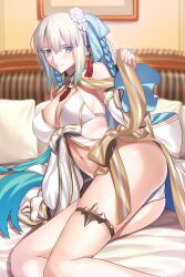 1girl absurdres ass bare_shoulders bed bikini blue_eyes blue_hair blush braid breasts cleavage detached_sleeves fate/grand_order fate_(series) flower gold_trim hair_flower hair_ornament hair_ribbon highres jewelry large_breasts long_hair long_skirt long_sleeves longdq3008 looking_at_viewer lying morgan_le_fay_(fate) morgan_le_fay_(water_princess)_(fate) pillow ponytail puffy_long_sleeves puffy_sleeves ribbon sidelocks skirt smile solo swimsuit thighlet thighs twin_braids very_long_hair white_bikini white_hair white_skirt
