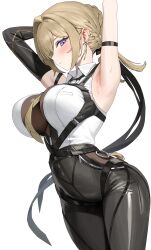 1girl absurdres arm_strap arm_up armpits bby black_gloves black_pants blonde_hair breasts closed_mouth collared_shirt commentary earrings elbow_gloves evelyn_chevalier gloves high-waist_pants highres jewelry large_breasts looking_at_viewer md5_mismatch mole mole_under_eye necktie no_jacket pants presenting_armpit purple_eyes shirt short_hair simple_background single_elbow_glove solo sweat tight_clothes tight_pants white_background white_shirt yellow_necktie zenless_zone_zero