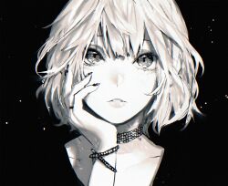 Rule 34 | 1girl, 23i2ko, black eyes, black nails, black shirt, blunt bangs, bracelet, collar, greyscale, hand on own face, hand up, head tilt, highres, jewelry, monochrome, open mouth, original, portrait, ring, shirt, short hair, sparkling eyes, studded bracelet, studded collar, white hair