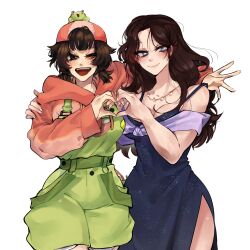 Rule 34 | 2girls, :d, animal print, backwards hat, bare shoulders, baseball cap, belt, bethy, blue dress, blue eyes, blush, breasts, brown eyes, brown hair, cj khalifp, cleavage, closed mouth, collarbone, commentary request, commission, cowboy shot, dress, eyelashes, finger heart, fingernails, frog on head, frog print, green belt, green overalls, green suspenders, hat, highres, hood, hood down, hoodie, hug from side, indie virtual youtuber, jewelry, large breasts, long hair, long sleeves, looking at viewer, medium hair, multiple girls, necklace, nose, one eye closed, open mouth, original, overalls, pink hat, pink hoodie, purple veil, short twintails, simple background, smile, spanish commentary, teeth, tomboy, tongue, twintails, upper teeth only, veil, virtual youtuber, white background