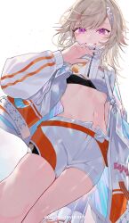 1girl absurdres blonde_hair cropped_jacket facial_mark grin hair_ornament hairclip highres jacket komori_met looking_at_viewer navel orange_eyes shorts sirom smile solo virtual_youtuber vspo! vspo!_showdown white_background white_jacket white_shorts