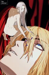1boy 1girl album_name amikoiiko ass blonde_hair blue_eyes breasts cape closed_eyes closed_mouth commentary curtains dimitri_alexandre_blaiddyd edelgard_von_hresvelg english_commentary english_text eyepatch facing_to_the_side facing_up fingernails fire_emblem fire_emblem:_three_houses full_body highres holding holding_ribbon kneeling long_hair medium_hair mismatched_eyebrows nintendo nude portrait red_background red_cape ribbon sideboob sonic_youth sternocleidomastoid_muscle very_long_hair white_hair