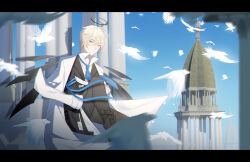 Rule 34 | 1boy, aqua eyes, arknights, belt, bird, black belt, black bodysuit, black boots, black border, black halo, black jacket, black pants, black suit, black wings, blazer, blonde hair, blue necktie, blue sky, bodysuit, boots, border, chinese commentary, closed mouth, coat, coat on shoulders, collared jacket, collared shirt, commentary, crossed arms, crossed bangs, crystal wings, day, detached wings, dove, executor (arknights), expressionless, feet out of frame, flock, formal clothes, hair between eyes, halo, hand on own leg, high collar, highres, jacket, kirina zero, lapels, letterboxed, long sleeves, loose hair strand, male focus, multiple belts, necktie, notched lapels, outdoors, pants, pillar, shirt, shoe belt, short hair, sky, solo, suit, tower, white coat, white shirt, wings