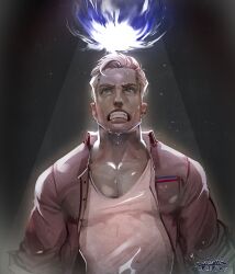 1boy absurdres blonde_hair breast_pocket carlos_(kyokugen_dasshutsu) clenched_teeth commentary dated energy_ball english_commentary green_eyes highres jacket kyokugen_dasshutsu male_focus open_clothes open_jacket pink_jacket pocket shirt short_hair signature snartles solo spoilers spotlight sweat teeth upper_body white_shirt zero_escape:_toki_no_dilemma
