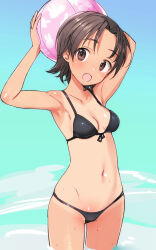 1girl armpits ball beachball bikini black_bikini breasts brown_eyes brown_hair character_request copyright_request cowboy_shot front-tie_bikini_top front-tie_top holding holding_ball navel one-piece_tan open_mouth romaji_commentary shimada_fumikane short_hair small_breasts solo swimsuit tan tanline wading