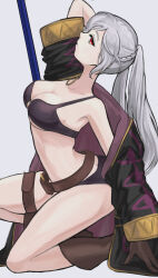 1girl bare_shoulders bikini black_bikini black_coat boots breasts cleavage coat female_robin_(fire_emblem) female_robin_(seaside_tactician)_(fire_emblem) fire_emblem fire_emblem_awakening fire_emblem_heroes grey_background grima_(fire_emblem) highres long_hair long_sleeves medium_breasts nintendo off_shoulder official_alternate_costume red_eyes simple_background solo swimsuit thigh_strap thighs twintails white_hair zuzu_(ywpd8853)