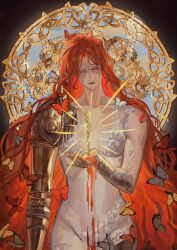 1girl armor bug butterfly closed_eyes closed_mouth cowboy_shot curtained_hair elden_ring fixed-star-4767 hair_over_eyes halo halo_behind_head hand_up highres holding holding_needle insect long_hair malenia_blade_of_miquella malenia_goddess_of_rot needle prosthesis prosthetic_arm prosthetic_leg red_hair solo standing very_long_hair wavy_hair
