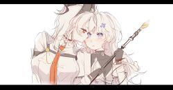 2girls absurdres bags_under_eyes black_gloves black_horns blue_eyes blush breasts chest_harness collared_shirt commentary curled_horns earrings english_commentary eye_contact gloves hair_ornament harness highres holding holding_staff horns jewelry key_earrings large_breasts letterboxed looking_at_another mikori multiple_girls necktie parted_lips phoebe_(wuthering_waves) red_eyes red_necktie shirt simple_background staff upper_body white_background white_shirt wuthering_waves x_hair_ornament yuri zani_(wuthering_waves)