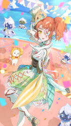 Rule 34 | 1girl, absurdres, ahoge, animal, arm up, art of tailoring (infinity nikki), back ribbon, blue ribbon, bow, bowtie, brown corset, brown eyes, brown shoes, cat, choker, cloak, clothed animal, cloud, corset, cross-laced clothes, cross-laced dress, dancing, day, dress, eyelashes, eyepatch, faewish sprite, foot out of frame, frilled choker, frilled dress, frills, gloves, hat, high heels, highres, hood, hood up, hooded cloak, infinity nikki, kohanai setsuna, lake, leg up, lolita fashion, medium dress, mini hat, mini top hat, momo (nikki), multicolored dress, navel, nikki (series), open mouth, orange hair, outdoors, pantyhose, patchwork clothes, pink choker, pumps, red bow, red bowtie, ribbon, shoes, short hair, short twintails, smile, solo focus, stage, thumbs up, top hat, traditional bowtie, twintails, whiskers, white cat, white gloves, white hat, white pantyhose, yellow cloak, yellow eyes
