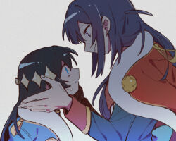 2girls back_bow blue_eyes blue_jacket bow chinese_commentary commentary_request eye_contact face-to-face from_side fur-trimmed_jacket fur_trim glowing glowing_eye hair_between_eyes hands_on_another&#039;s_cheeks hands_on_another&#039;s_face jacket jacket_on_shoulders kagura_hikari long_hair long_sleeves looking_at_another multiple_girls one_side_up parted_lips profile purple_eyes purple_hair red_jacket red_sash red_sleeve_cuffs rei931218 sash shoujo_kageki_revue_starlight shoulder_sash sidelocks simple_background sparkle_hair_ornament sweat tsuyuzaki_mahiru underlighting upper_body white_background wide-eyed yellow_trim
