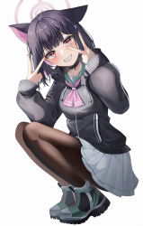 Rule 34 | 1girl, :d, animal ears, black choker, black hoodie, blue archive, blunt bangs, blush, brown pantyhose, cat choker, cat ears, cat girl, chanpower233, choker, collarbone, colored inner animal ears, colored inner hair, commentary, cross-laced shoes, double v, extra ears, eyebrows hidden by hair, eyelashes, fingernails, from side, full body, green sailor collar, green shoes, grin, hair ornament, hairclip, halo, hands up, happy, highres, hood, hood down, hoodie, kazusa (blue archive), looking at viewer, medium hair, miniskirt, multicolored hair, neckerchief, open mouth, pantyhose, pink halo, pink neckerchief, pleated skirt, red eyes, sailor collar, school uniform, serafuku, shoes, simple background, skirt, sleeves past wrists, smile, solo, squatting, straight hair, two-tone hair, v, v over eye, white background, white skirt