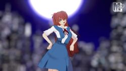 1girl 3d animated artist_request blue_eyes blush bodysuit breasts brown_hair cleavage dancing dress eyepatch highres long_hair mecha_pilot_suit medium_breasts mikumikudance_(medium) neon_genesis_evangelion night night_sky plugsuit_(evangelion) rebuild_of_evangelion red_bodysuit school_uniform skirt sky smile sound souryuu_asuka_langley sundress suspender_skirt suspenders tagme tokyo-3_middle_school_uniform video yellow_dress