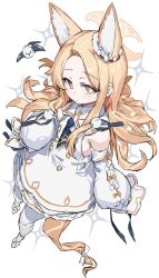 1girl absurdres animal animal_ear_fluff animal_ears animal_on_shoulder bird bird_on_hand bird_on_shoulder blonde_hair blue_archive blush bow closed_mouth commentary detached_sleeves dress flower fox_ears fox_girl fox_tail hair_flower hair_ornament halo highres long_hair looking_at_viewer ranf seia_(blue_archive) sleeves_past_fingers sleeves_past_wrists solo sparkle tail very_long_hair white_dress white_flower wide_sleeves yellow_eyes