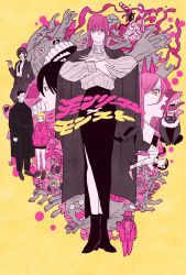 5boys 6+girls bat_devil_(chainsaw_man) black_coat black_dress black_hair black_necktie blonde_hair blood blood_on_clothes breasts chainsaw chainsaw_man cigarette coat collared_shirt debt_collector_(chainsaw_man) dress eternity_devil_(chainsaw_man) eyepatch formal_clothes fox_devil_(chainsaw_man) hair_ornament hairclip hands_in_pockets hat hayakawa_aki height_difference higashiyama_kobeni highres holding holding_cigarette holding_knife holding_weapon hood hoodie hybrid intestines jacket katana_man_(chainsaw_man) knife leech_devil_(chainsaw_man) long_coat long_hair looking_at_viewer looking_to_the_side makima_(chainsaw_man) medium_breasts medium_hair multiple_boys multiple_girls necktie open_mouth organs power_(chainsaw_man) red_hair sawatari_akane_(chainsaw_man) sharp_teeth shirt short_hair side_slit sideburns sidelocks simple_background suit sweater takeuchi_ryousuke teeth tongue tongue_out weapon white_shirt yellow_background yellow_eyes zombie_devil_(chainsaw_man)