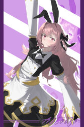 1boy absurdres animal_ears astolfo_(fate) astolfo_(saber)_(fate) astolfo_(saber)_(third_ascension)_(fate) black_bow black_bowtie black_pantyhose black_thighhighs bow bowtie emblem fake_animal_ears fate/apocrypha fate/grand_order fate_(series) hair_intakes highres long_hair minoru_(user_kcxd4438) pantyhose pink_eyes pink_hair thighhighs trap