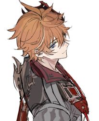 1boy blue_eyes chinese_commentary closed_mouth commentary_request from_side genshin_impact grey_jacket hair_between_eyes jacket lapels looking_ahead male_focus mask mask_on_head orange_hair sketch smile solo tartaglia_(genshin_impact) udgg093577 upper_body white_background