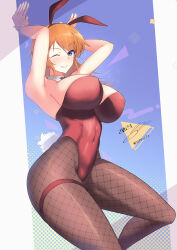 Rule 34 | 1girl, 2023, absurdres, animal ears, armpits, bare shoulders, blue eyes, blush, breasts, charlotte e. yeager, chinese zodiac, cleavage, covered erect nipples, covered navel, detached collar, fake animal ears, fake tail, fishnet pantyhose, fishnets, from side, grin, highres, large breasts, leotard, long hair, looking at viewer, one eye closed, orange hair, outside border, pantyhose, playboy bunny, rabbit ears, rabbit pose, rabbit tail, sideboob, signature, smile, solo, strike witches, strike witches: aurora no majo, strike witches: suomus misfits squadron, swept bangs, tail, thigh strap, varie7k, wide hips, world witches series, wrist cuffs, year of the rabbit