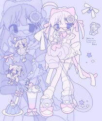 1girl absurdres ahoge animal_ear_hairband animal_ears bad_id bad_twitter_id blue_eyes blush_stickers bow cat_ear_hairband cat_ears cat_tail cherry chibi chibi_inset commission detached_collar detached_sleeves dress fake_animal_ears food food-themed_hair_ornament fpwrs fruit full_body gelatin glasses hair_ornament hair_ribbon hairband highres holding holding_spoon kamaboko knife leg_warmers long_hair looking_at_viewer melon_soda narutomaki necktie original oversized_spoon pink_hair pink_hairband pink_necktie pink_ribbon plate ribbon sleeves_past_fingers sleeves_past_wrists slippers solo spoon standing star_(symbol) stuffed_animal stuffed_toy tail teddy_bear white_dress zoom_layer