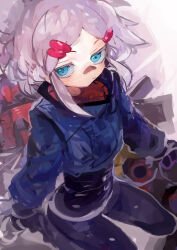 1girl absurdres bandaid bandaid_on_face bandaid_on_nose black_pants blue_eyes blue_jacket blush closed_mouth commentary deux_murasame grey_hair gundam gundam_gquuuuuux hair_ornament hairclip highres jacket kaamin_(mariarose753) long_sleeves looking_at_viewer pants simple_background solo updo