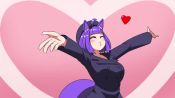 1girl ahoge animal_ears animated beret black_coat black_hat blowing_kiss blunt_bangs blush bob_cut breasts closed_eyes coat commentary commission english_commentary fox_girl fox_tail hat heart heart_background kay_yu lapels large_breasts long_sleeves mura_(woops) o3o original outstretched_arms pink_background purple_hair short_hair solo tail trench_coat upper_body video