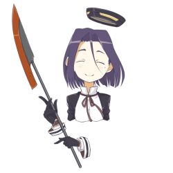 Rule 34 | 1girl, ^ ^, black gloves, blush, closed eyes, commentary, cropped torso, dress, facing viewer, glaive (polearm), gloves, hair between eyes, halo, holding, holding polearm, holding weapon, kantai collection, kawashina (momen silicon), long sleeves, mechanical halo, mole, mole under eye, neck ribbon, polearm, purple hair, red ribbon, ribbon, short hair, simple background, smile, solo, tatsuta (kancolle), weapon, white background