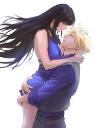 1boy 1girl ass_grab bare_arms bare_legs bare_shoulders belt black_belt black_hair blonde_hair blouse blue_dress blue_eyes blue_shirt blush breasts carrying cloud_strife collared_shirt couple covered_erect_nipples dress earrings eye_contact final_fantasy final_fantasy_vii final_fantasy_vii_remake from_side grey_pants grey_vest half-closed_eyes hetero highres holding holding_person hug jewelry large_breasts leaning leaning_back lips long_hair long_sleeves looking_at_another looking_down looking_up neck official_alternate_costume pants red_eyes shirt short_dress simple_background sleeves_rolled_up smile spiked_hair spykeee square_enix straight_hair tifa_lockhart tifa_lockhart_(refined_dress) twitter_username vest wall_market white_background