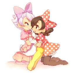 2girls animification bow brown_hair commentary_request daisy_duck disney dress full_body hair_bow kiri_futoshi kneeling lipstick makeup mickey_mouse_&amp;_friends minnie_mouse mirror multiple_girls pantyhose partial_commentary petticoat polka_dot polka_dot_dress short_hair sitting yuri
