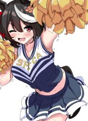 1girl absurdres alternate_costume animal_ears arm_up armpits black_hair blush breasts commentary_request gryebooks hair_between_eyes hair_ornament highres horse_ears horse_tail kitasan_black_(umamusume) medium_breasts medium_hair midriff one_eye_closed open_mouth red_eyes simple_background solo sweat tail umamusume umamusume_(anime) white_background