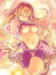 1girl absurdres blonde_hair breasts bridal_gauntlets brown_hair circlet closed_eyes covered_erect_nipples dancer dancer_(ragnarok_online) female_focus highres jewelry long_hair lots_of_jewelry midriff mil_(xration) navel non-web_source ragnarok_online sandals solo thigh_gap thighs toes underboob