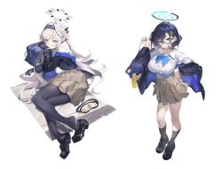 2girls absurdres aqua-framed_eyewear black_footwear black_gloves black_hair black_pantyhose black_socks blue_archive blue_necktie blue_sweater_vest breasts brown_skirt chihiro_(blue_archive) flower glasses gloves hair_between_eyes hair_flower hair_ornament hairband halo highres himari_(blue_archive) jacket kneehighs large_breasts long_hair long_sleeves looking_at_viewer miniskirt mole mole_under_eye multicolored_jacket multiple_girls necktie pantyhose pointy_ears purple_eyes rabbit_hair_ornament ramuri semi-rimless_eyewear shirt short_hair skirt socks sweater_vest two-tone_jacket uniform very_long_hair white_hair white_halo white_shirt