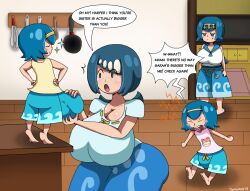 2futa 2girls :o age_difference angry ass blue_eyes blue_hair breasts bulge english_text futa_with_female futanari harper_(pokemon) huge_ass huge_breasts huge_penis huge_testicles incest lana&#039;s_mother_(pokemon) lana_(pokemon) loli long_hair mother_and_daughter multiple_futa multiple_girls nintendo open_mouth penis penis_grab pokemon pokemon_(anime) sarah_(pokemon) siblings sisters size_difference speech_bubble testicles touhoufan