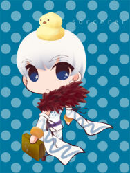 1boy animal animal_on_head argyle_clothes argyle_shirt bird bird_on_head blue_background blue_eyes book character_name chibi chibi_only chick closed_mouth commentary_request detached_sleeves expressionless full_body fur_collar holding holding_book looking_at_viewer lowres male_focus on_head polka_dot polka_dot_background ragnarok_online ri_t_k shirt short_hair sleeveless sleeveless_shirt solo sorcerer_(ragnarok_online) standing white_hair white_shirt white_sleeves