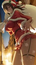 1girl absurdres alternate_costume belt black_belt blurry blurry_background blush breasts brown_eyes brown_hair dark-skinned_female dark_skin ear_piercing fur_trim goddess_of_victory:_nikke grin hair_over_one_eye hair_tie_in_mouth hat highres holding holding_sack large_breasts long_hair long_sleeves looking_at_viewer miniskirt mole mole_under_mouth mouth_hold naga_(nikke) night one_eye_covered outdoors piercing red_hat red_skirt sack santa_costume santa_hat skirt smile solar_(happymonk) solo teeth thigh_strap thighs