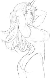 1girl abs alternate_costume armpits arms_behind_head arms_up ass bare_shoulders blush breasts closed_mouth collarbone covered_abs greyscale highres horns hoshiguma_yuugi kurapi_pref large_breasts long_hair looking_at_viewer looking_back monochrome one-piece_swimsuit oni pointy_ears simple_background single_horn smile solo star_(symbol) swimsuit touhou twisted_torso white_background