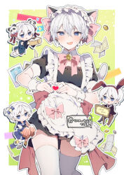 Rule 34 | 1boy, animal ears, apron, back bow, bamboo steamer, steamed bun, bell, blue eyes, blue serafuku, blue skirt, blush, bow, cat ears, cat tail, cheerleader, chibi, china dress, chinese clothes, coin, collared shirt, double bun, dress, earrings, embarrassed, fake animal ears, food, green background, hair between eyes, hair bow, hair bun, hair ornament, heart, heart hands, highres, holding, ikeuchi tanuma, jewelry, looking at viewer, maid, maid headdress, money, multiple views, neck bell, necktie, open mouth, original, panda hair ornament, pink bow, pom pom (cheerleading), rabbit ears, red ribbon, ribbon, rudy (ikeuchi tanuma), school uniform, serafuku, shirt, short sleeves, skirt, smile, tail, thighhighs, twitter username, white apron, white hair, white thighhighs, wrist cuffs
