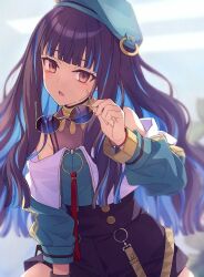 1girl bare_shoulders beret black_hair black_shorts blue_hair blush bracelet breasts buttons colored_inner_hair double-breasted eyeliner fate/grand_order fate_(series) green_hat green_jacket grey_eyes hat highres jacket jewelry long_hair looking_at_viewer makeup multicolored_hair neck_ring o-ring off_shoulder open_mouth revision round_eyewear saipaco shorts sidelocks small_breasts solo sunglasses tenochtitlan_(fate) tenochtitlan_(second_ascension)_(fate) thighs unworn_eyewear wavy_hair zipper