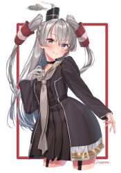 Rule 34 | 1girl, absurdres, amatsukaze (kancolle), amatsukaze kai ni (kancolle), black dress, brown eyes, dress, garter straps, gloves, grey hair, grey neckerchief, hair tubes, hat, highres, kantai collection, leaning forward, long hair, long sleeves, looking at viewer, mini hat, neckerchief, sagoromo 04, sailor collar, sailor dress, short dress, single glove, smile, smoke heart, smokestack hair ornament, solo, two side up, white background, white gloves, white sailor collar