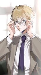 1boy adjusting_eyewear ameinu blonde_hair collared_shirt formal_clothes glasses hair_between_eyes hands_up highres long_sleeves looking_at_viewer male_focus necktie original round_eyewear shirt short_hair smile solo sonny_brisko suit upper_body window
