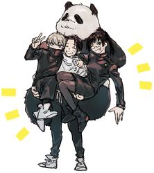 1girl 2boys animal black_hair black_pants black_shirt closed_eyes furry hair_between_eyes hair_over_one_eye highres holding inumaki_toge jujutsu_kaisen leggings long_hair looking_at_viewer multiple_boys okkotsu_yuuta one_eye_closed orange_eyes panda panda_(jujutsu_kaisen) pants peace_symbol ponytail purple_eyes shirt skirt smile sweat white_hair white_shirt zen&#039;in_maki