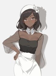 1girl black_shirt blush breasts brown_eyes brown_hair chocomiru dark-skinned_female dark_skin earrings flower hand_on_own_hip hat hat_flower highres jewelry looking_at_viewer original see-through_clothes see-through_sleeves shadow shirt sled small_breasts solo white_background white_flower white_hat
