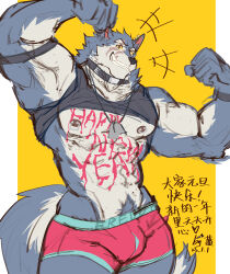 1boy abs absurdres animal_ears bara black_shirt black_tank_top body_writing boxers chinese_commentary chinese_text clothes_lift collar colored_sclera commentary_request dislyte dog_tags flexing freddy_(fenrir)_(dislyte) furry furry_male grin highres jewelry lan_uxn male_focus male_underwear multiple_scars muscular muscular_male necklace pectorals pink_male_underwear scar scar_across_eye scar_on_face shirt shirt_lift sleeveless sleeveless_shirt smile tail tank_top translation_request underwear wolf_boy wolf_ears wolf_tail yellow_sclera