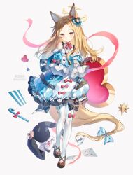1girl absurdres alternate_costume animal_ear_fluff animal_ears black_bow blonde_hair blue_archive blue_dress bow bow_legwear brown_footwear closed_mouth detached_sleeves dress dress_bow forehead full_body grey_background guzangnanfeng halo highres long_hair long_sleeves looking_at_viewer pantyhose pink_bow puffy_long_sleeves puffy_sleeves seia_(blue_archive) simple_background standing striped_clothes striped_pantyhose very_long_hair white_pantyhose yellow_eyes