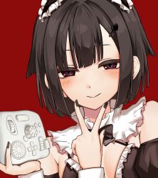 Rule 34 | bare shoulders, bikini, black bikini, black hair, black nails, bow, bowtie, breasts, closed mouth, colored eyelashes, detached collar, detached sleeves, frilled bikini, frills, hair flaps, hair ornament, hairclip, hands up, highres, holding, kushinaka, looking at viewer, maid, maid bikini, maid headdress, nail polish, original, red background, red eyes, short hair, simple background, small breasts, smile, string bikini, swimsuit, tourbox, unconventional maid, upper body, v, v over mouth, wrist cuffs