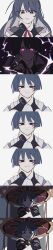 Rule 34 | 1boy, 1girl, absurdres, blue hair, breasts, bridal gauntlets, chinese commentary, cleavage, closed mouth, clothing cutout, collarbone, crying, electricity, genshin impact, glowing, glowing eyes, hair between eyes, hair down, hand on another&#039;s wrist, hands on own neck, hat, highres, holding another&#039;s wrist, japanese clothes, kimono, long hair, long image, looking at viewer, mother and son, neck ribbon, no mole, off shoulder, parted lips, pov, pov hands, purple eyes, purple hair, purple kimono, raiden shogun, red ribbon, ribbon, sad, scaramouche (genshin impact), scaramouche (kabukimono) (genshin impact), scared, shade, short hair, short sleeves, shoulder cutout, smirk, strangling, surprised, tall image, tearing up, tiancaidou, wide-eyed