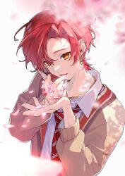1boy brown_cardigan cardigan chain chain_necklace cherry_blossoms collarbone curtained_hair diagonal-striped_clothes diagonal-striped_necktie dress_shirt ear_piercing earclip earrings falling_petals ha_yun hair_between_eyes highres jewelry male_focus mole mole_under_mouth necklace necktie nijisanji open_cardigan open_clothes open_mouth petals piercing red_eyes red_hair red_necktie shirt solo striped_clothes tongue upper_body val_yoduki virtual_youtuber white_background white_shirt