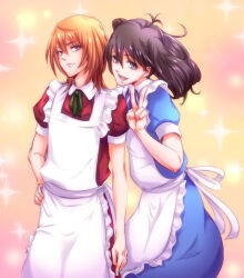 Rule 34 | 2boys, aizawa kakeru, apron, area no kishi, blonde hair, blue dress, brown hair, crossdressing, crossdressing (mtf), dress, grey eyes, hand on own hip, long hair, maid, matoba kaoru, multiple boys, puffy short sleeves, puffy sleeves, raine (brandnewdayz), red dress, short sleeves, sparkle, standing, v, yellow background, yellow eyes