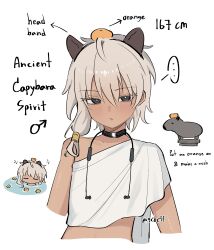 ... 1boy absurdres animal_ears capybara capybara_boy character_profile chibi closed_mouth commentary earphones_removed english_commentary english_text expressionless extra_ears food food_on_head fruit grey_hair height highres looking_at_viewer male_focus mars_symbol object_on_head orange_(fruit) original rat_squeak short_hair simple_background single_bare_shoulder spoken_ellipsis trap twitter_username white_background