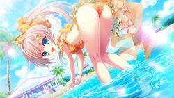 1girl ass barefoot beach beach_house beads bent_over bikini bikini_skirt blue_eyes blue_sky bow breasts cloud day dot_nose dutch_angle film_grain frilled_bikini frills from_behind game_cg hair_bow hair_ornament hairclip high_ponytail himura_nagisa izumi_tsubasu large_bow lens_flare looking_at_viewer looking_back non-circular_lens_flare non-web_source ocean off-shoulder_bikini off_shoulder official_art open_mouth orange_bikini orange_bow outdoors palm_tree pink_hair ponytail re:stage! seashell shell sky small_breasts smile solo sparkle starfish sunlight swimsuit tree wading