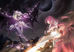 Rule 34 | 2girls, absurdres, armor, battle, blonde hair, deathpolca, demons roots, dress, flat chest, galoluise, highres, holding, holding sword, holding weapon, king exit, knight, long hair, looking at another, multiple girls, pink hair, plant, second-party source, side ponytail, sky, smile, sword, uof, very long hair, vines, weapon, wings